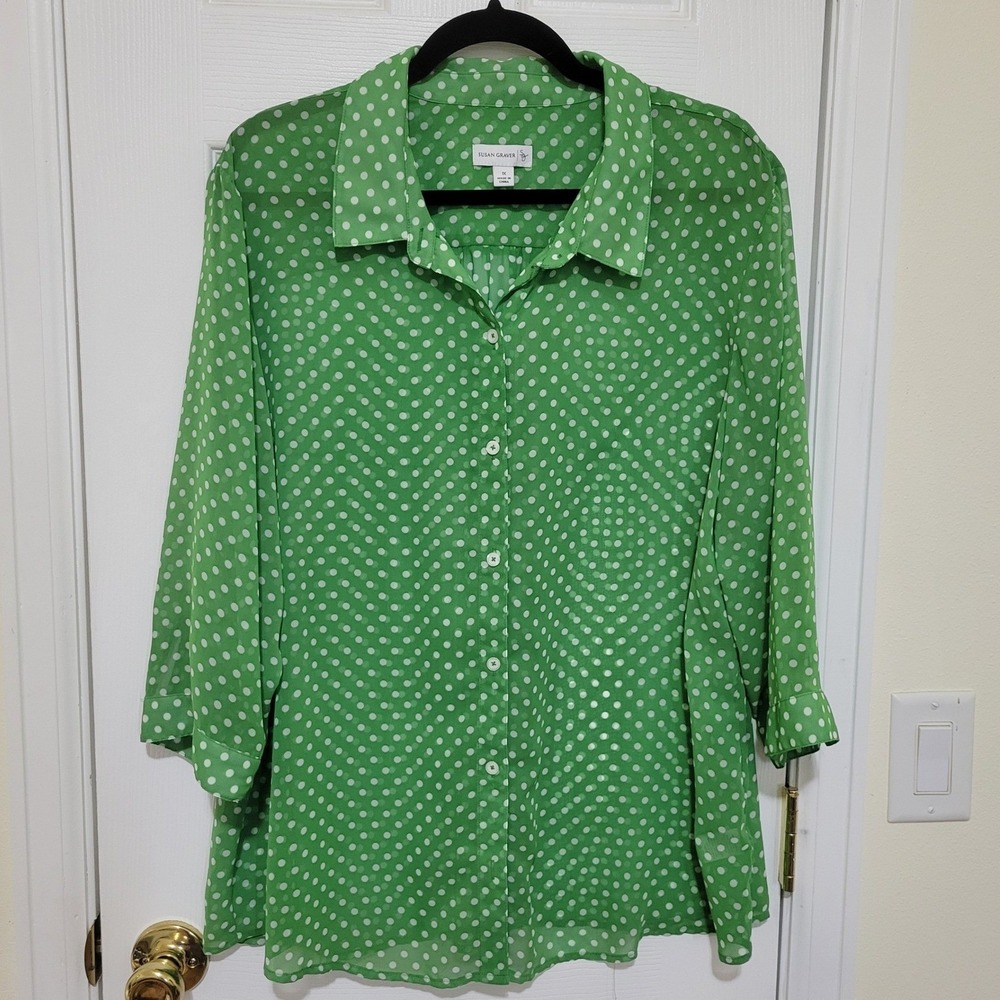Susan Graver Green Polka Dot Button‎ Front Blouse 3/4 Sleeve Plus Size 1X